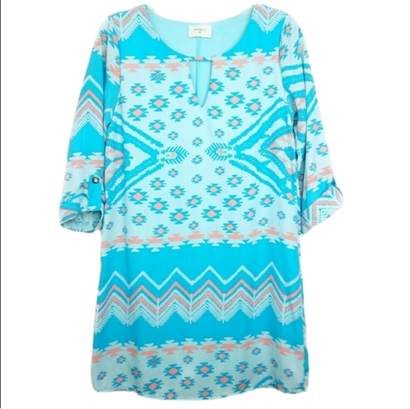 Everly Aqua Blue Tribal Western Geometric Shift Mini Dress Women's Size Small S - Picture 1 of 5